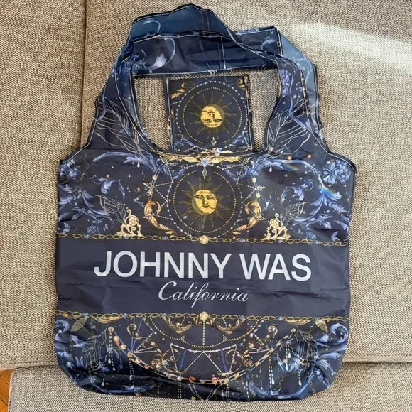 Johnny Was California Reusable Shopping Bag Tote Blue Gold Moon Packable New - Picture 8 of 12